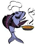 A fish holding a pan of food

Description automatically generated